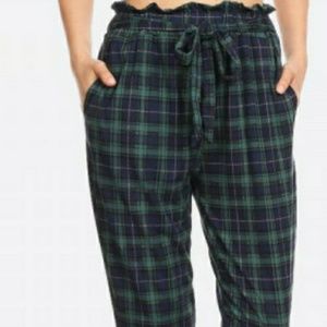 Green and Navy Plaid Print Pants